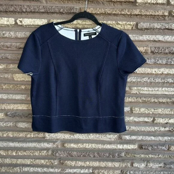Banana Republic Navy Blue Boxy Cropped Short Cap Sleeve Raw Edge Top - Picture 2 of 6
